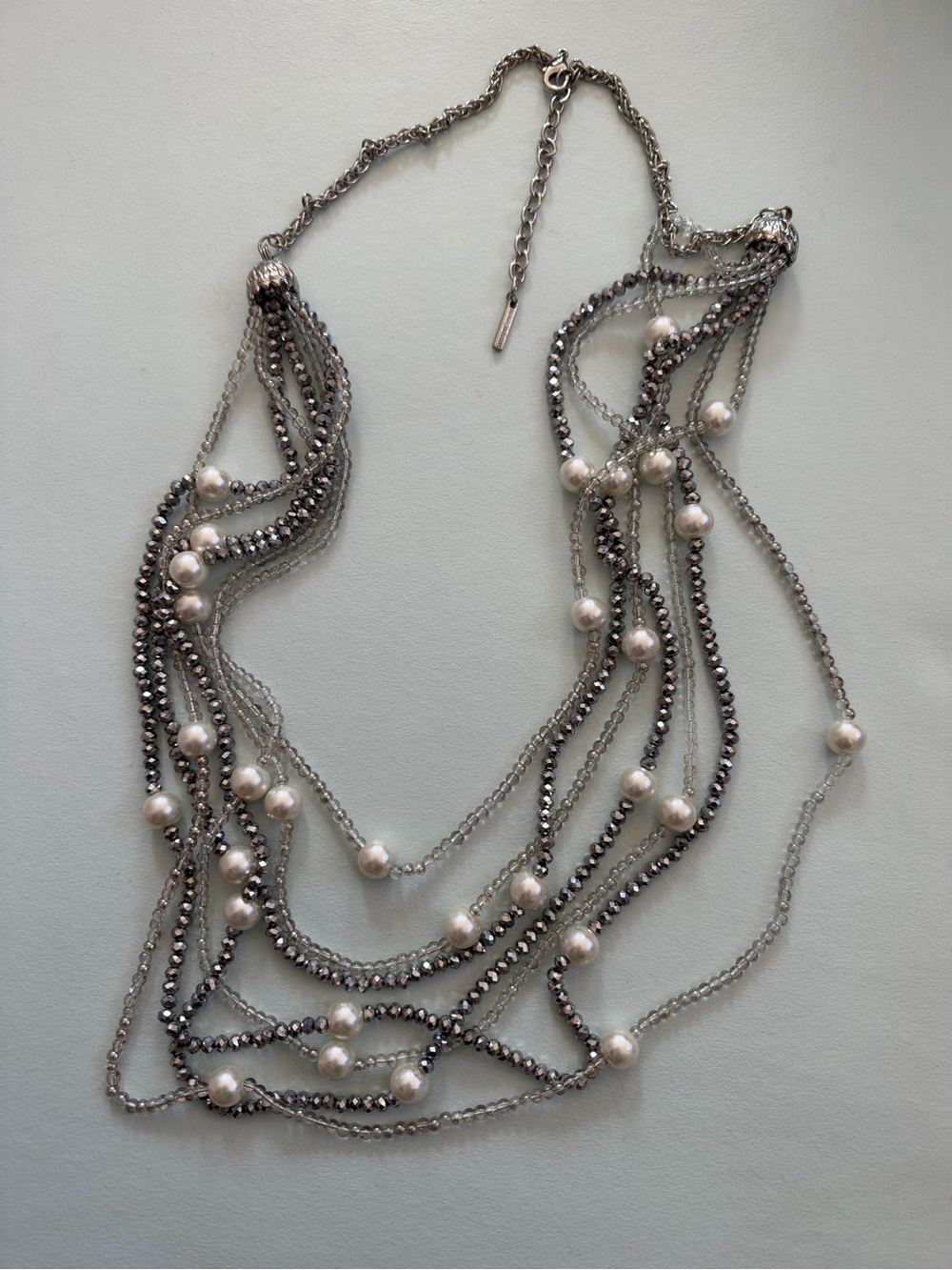 Multi-Strand Pearl & Hematite Layered Necklace - Silver/White